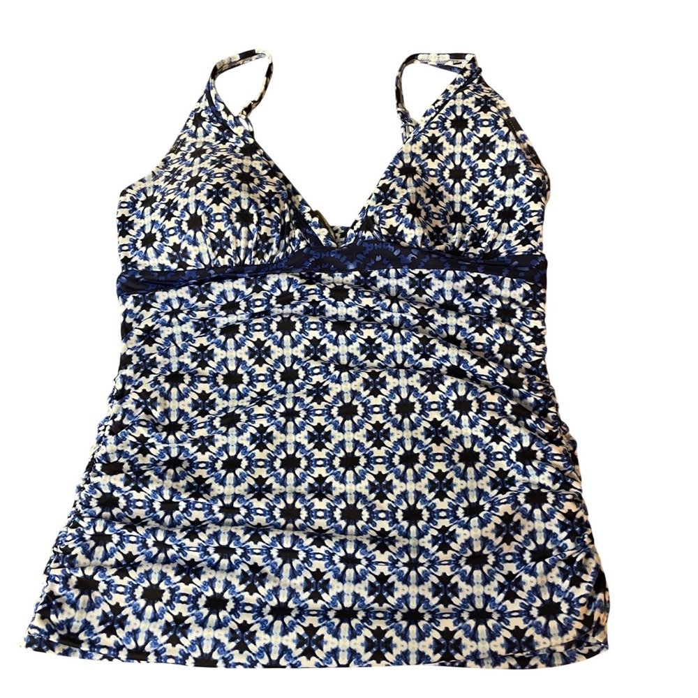 Tommy Bahama Shibori Splash V-Front Tankini Swim Top Blue Sz LG Resort Vacation